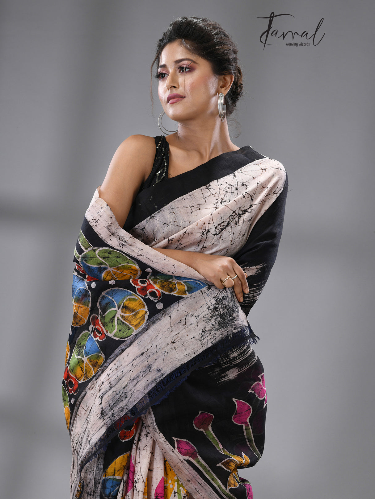 Ivory Lotus Blossom Batik Silk Saree