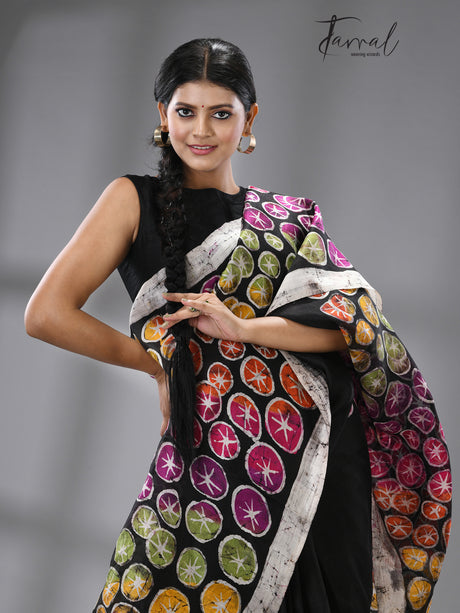 Midnight Lily Symphony Batik Silk Saree