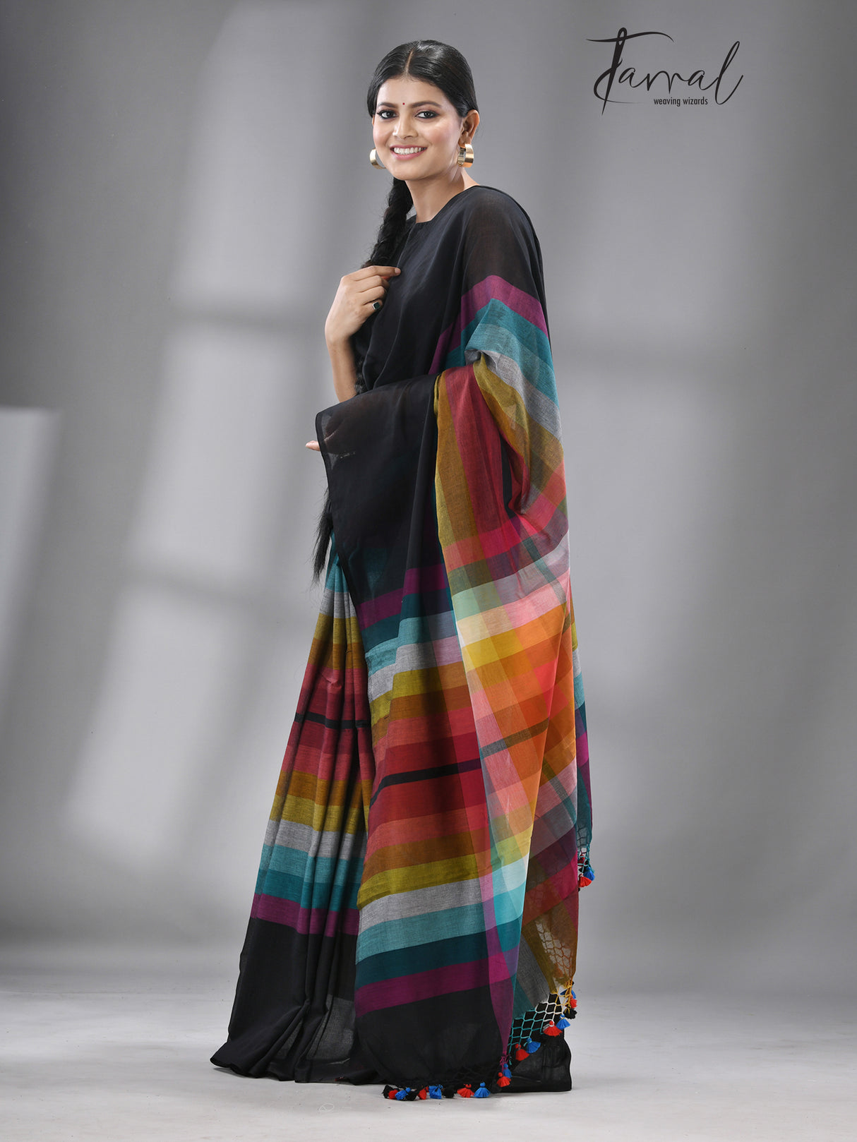Black with rainbow mul cotton handloom saree