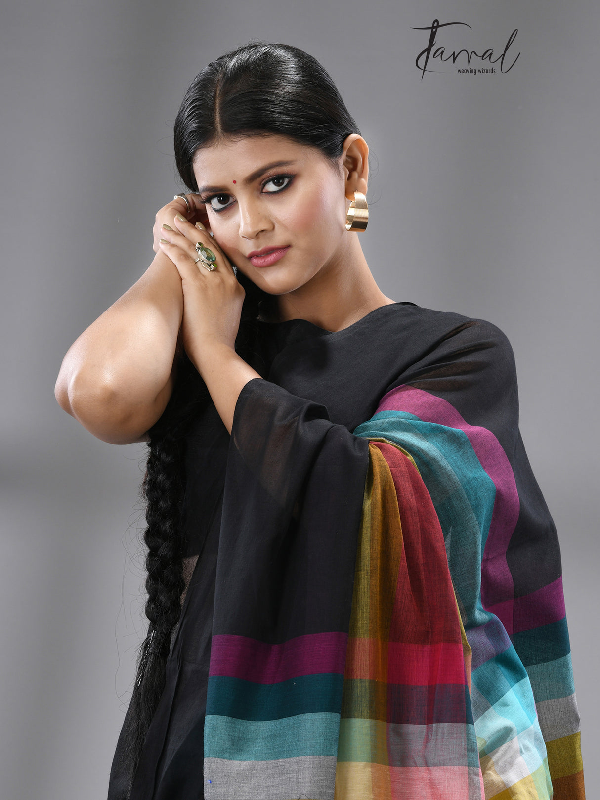 Black with rainbow mul cotton handloom saree - Tamal Boutique