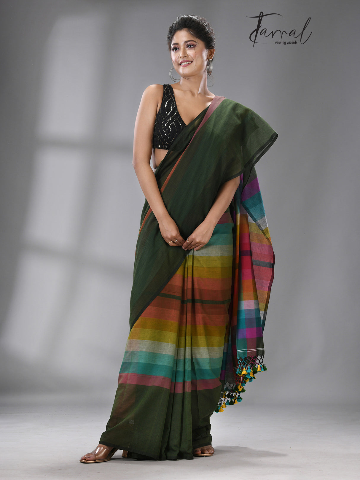 Green With Rainbow Combination Mul Cotton Handloom Saree