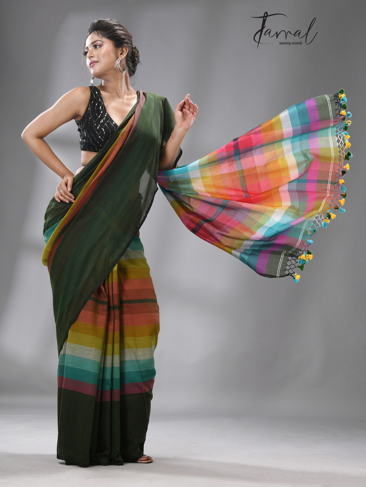 Green With Rainbow Combination Mul Cotton Handloom Saree - Tamal Boutique