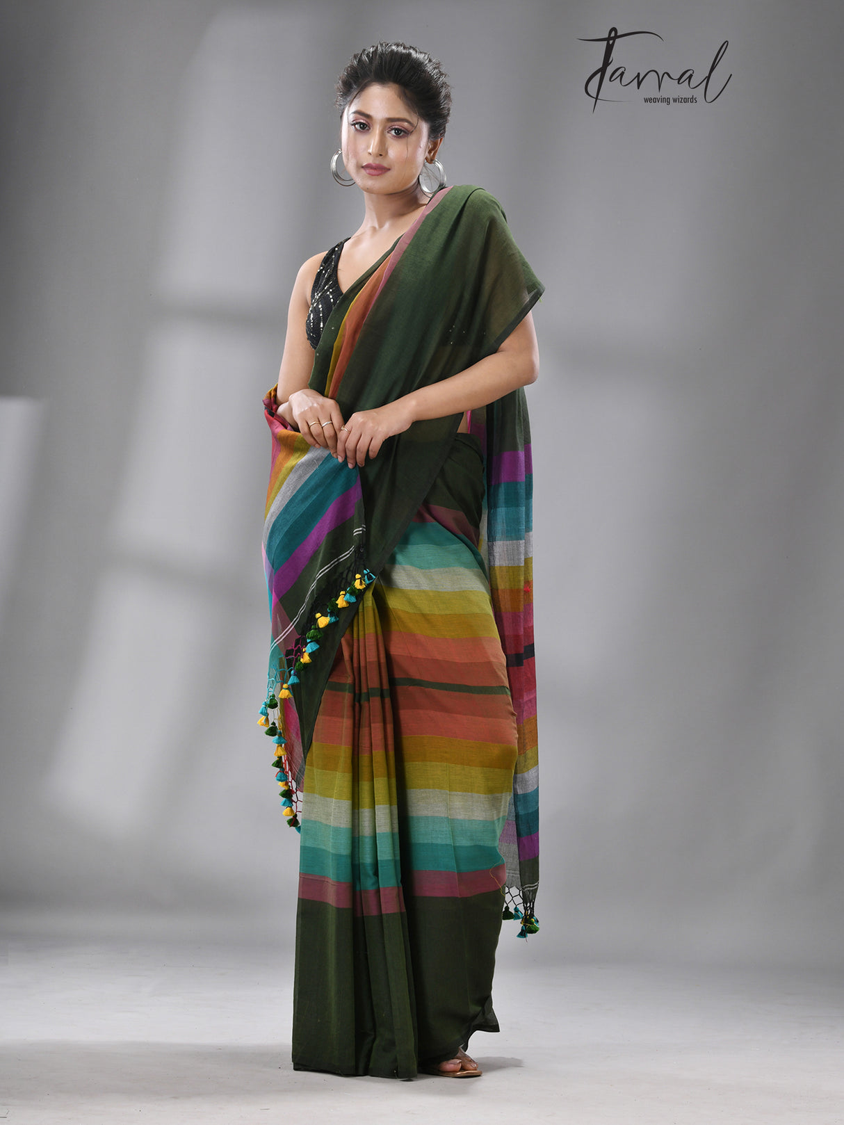 Green With Rainbow Combination Mul Cotton Handloom Saree