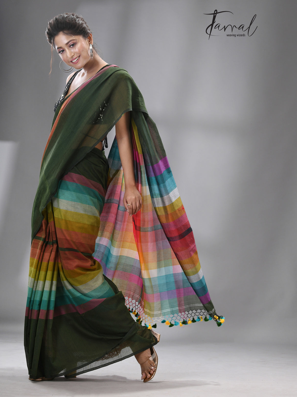 Green With Rainbow Combination Mul Cotton Handloom Saree