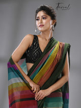 Green With Rainbow Combination Mul Cotton Handloom Saree - Tamal Boutique