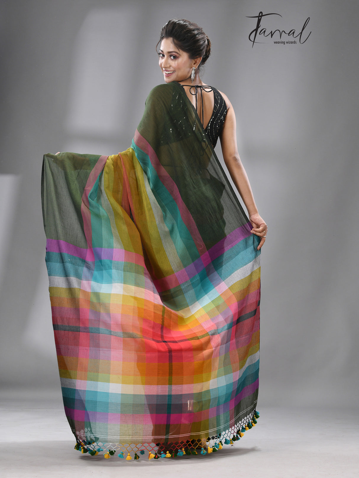 Green With Rainbow Combination Mul Cotton Handloom Saree