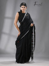 Black with multicolour diamond motifs cotton handwoven jamdani saree - Tamal Boutique