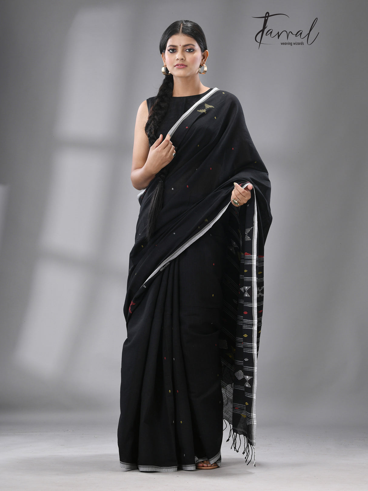 Black with multicolour diamond motifs cotton handwoven jamdani saree