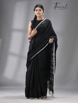 Black with multicolour diamond motifs cotton handwoven jamdani saree - Tamal Boutique