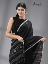 Black with multicolour diamond motifs cotton handwoven jamdani saree - Tamal Boutique