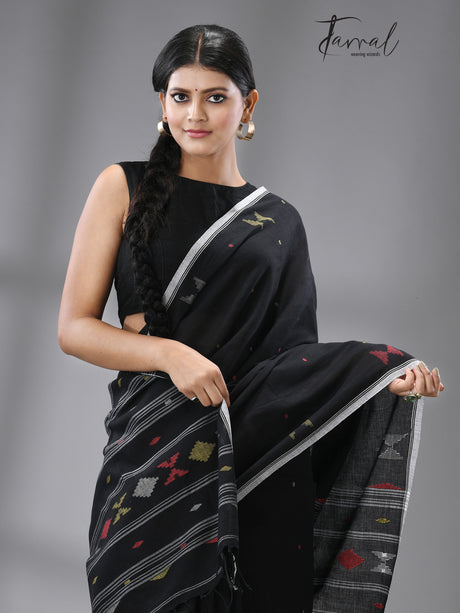 Black with multicolour diamond motifs cotton handwoven jamdani saree