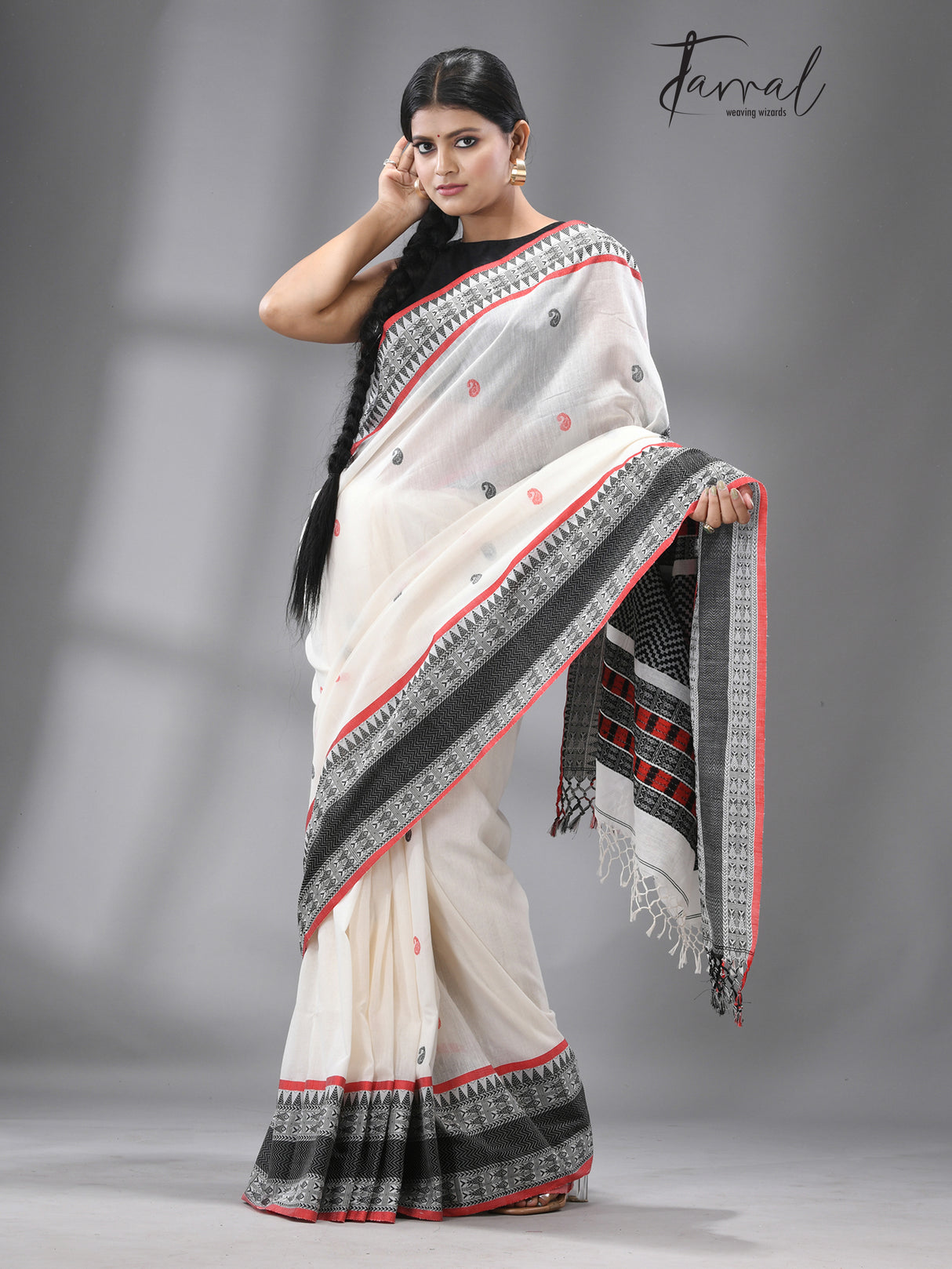 White with red & black fish motifs border handloom cotton bomkai saree