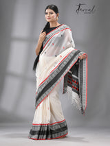 White with red & black fish motifs border handloom cotton bomkai saree