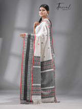 White with red & black fish motifs border handloom cotton bomkai saree