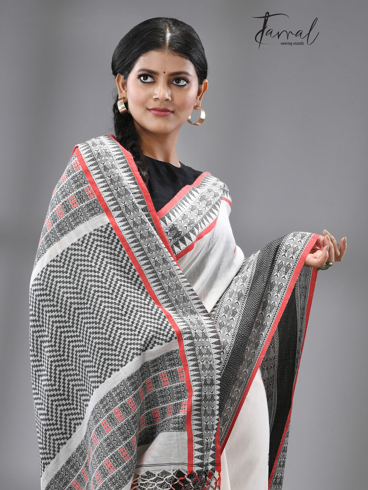 White with red & black fish motifs border handloom cotton bomkai saree