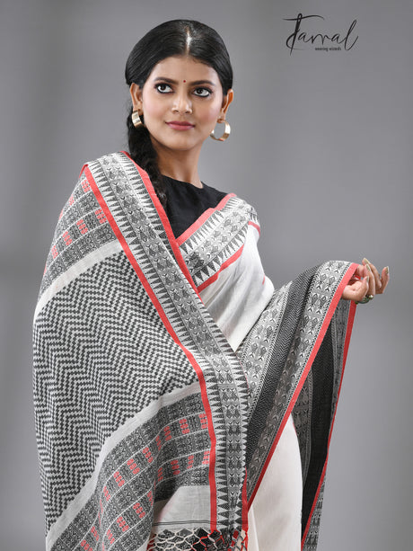 White with red & black fish motifs border handloom cotton bomkai saree