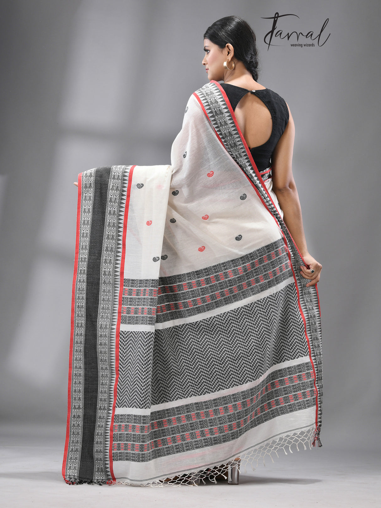 White with red & black fish motifs border handloom cotton bomkai saree