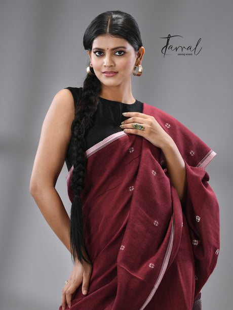 Maroon with white border cotton handwoven jamdani saree