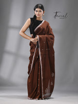 Chocolate brown with white combination pure cotton coin pallu handwoven jamdani saree