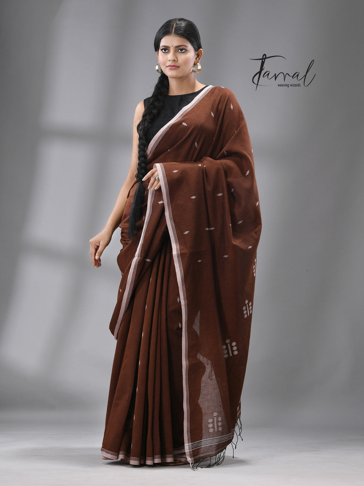 Chocolate brown with white combination pure cotton coin pallu handwoven jamdani saree