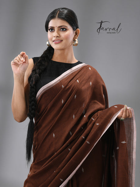 Chocolate brown with white combination pure cotton coin pallu handwoven jamdani saree