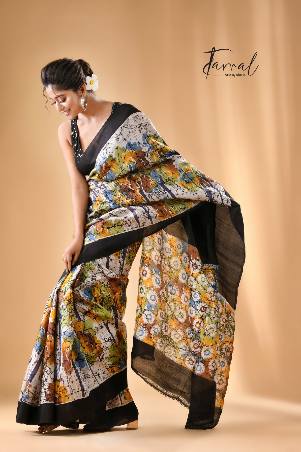 Offwhite with black border jangal hand batik in katan silk saree - Tamal Boutique