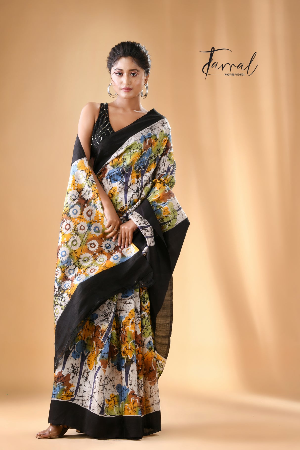 Offwhite with black border jangal hand batik in katan silk saree - Tamal Boutique