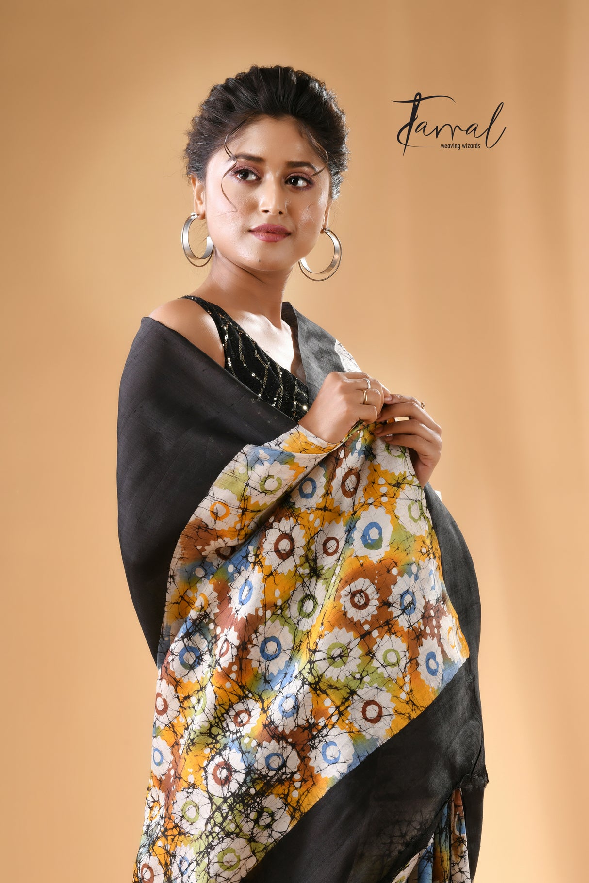 Offwhite with black border jangal hand batik in katan silk saree - Tamal Boutique