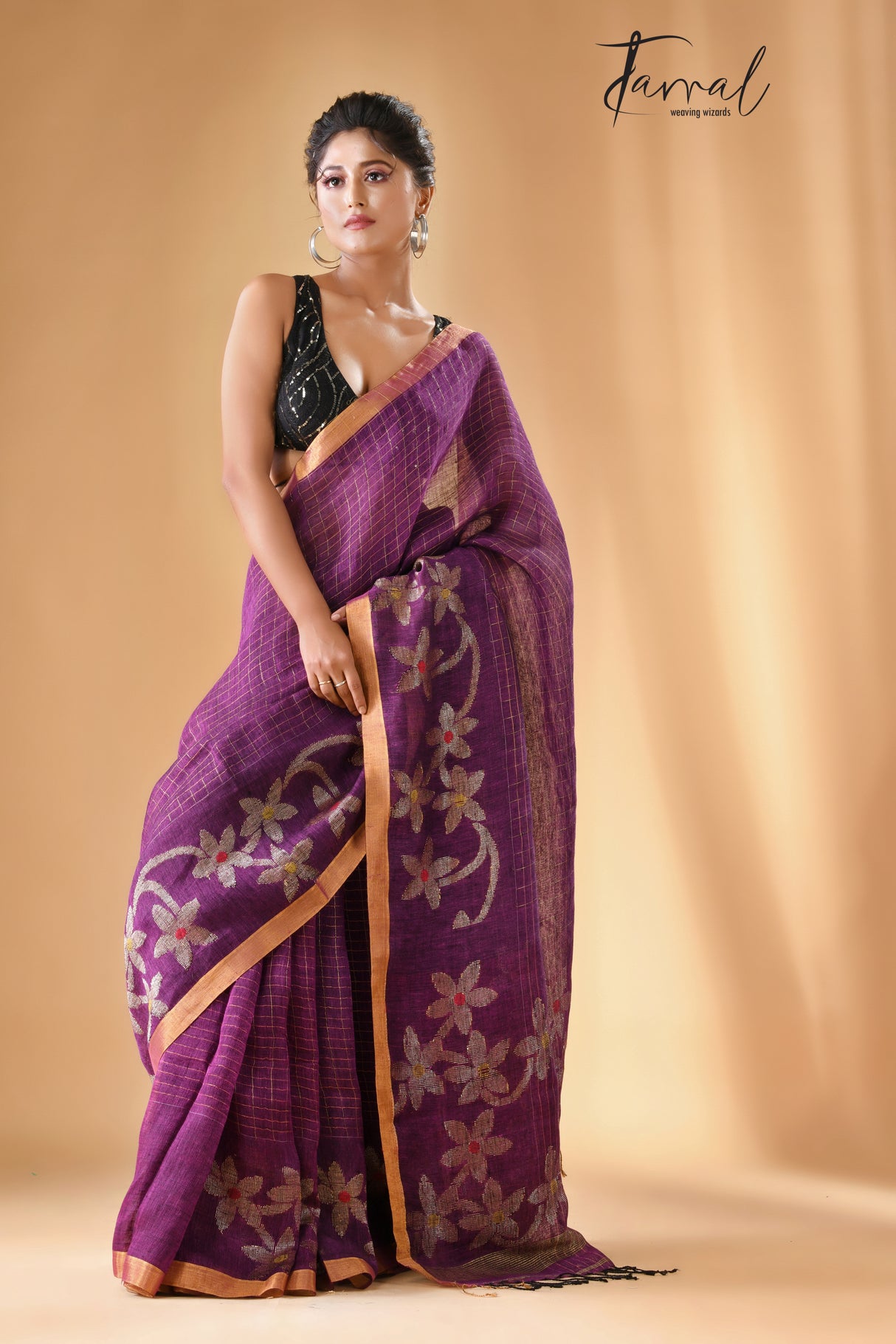 Deep magenta linen checks handloom jamdani saree