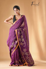 Deep magenta linen checks handloom jamdani saree