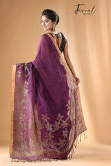 Deep magenta linen checks handloom jamdani saree