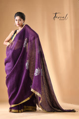 Deep Lavender Hibiscus Motifs Linen Handwoven Jamdani saree
