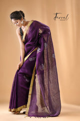 Deep Lavender Hibiscus Motifs Linen Handwoven Jamdani saree