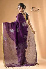 Deep Lavender Hibiscus Motifs Linen Handwoven Jamdani saree