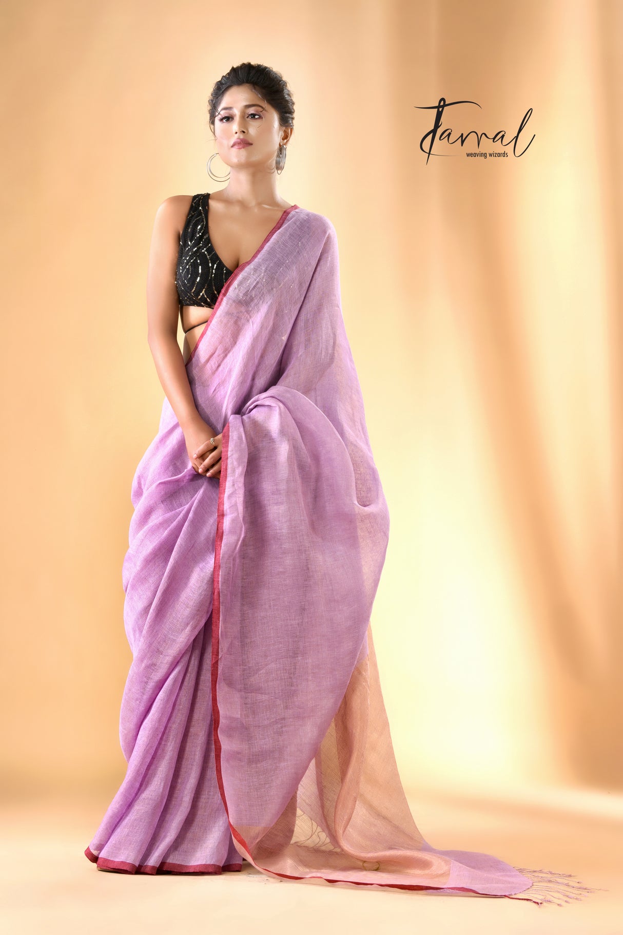 Lavender dhala zari linen handloom saree - Tamal Boutique