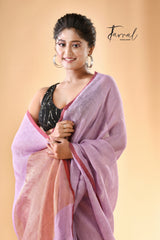 Lavender dhala zari linen handloom saree - Tamal Boutique