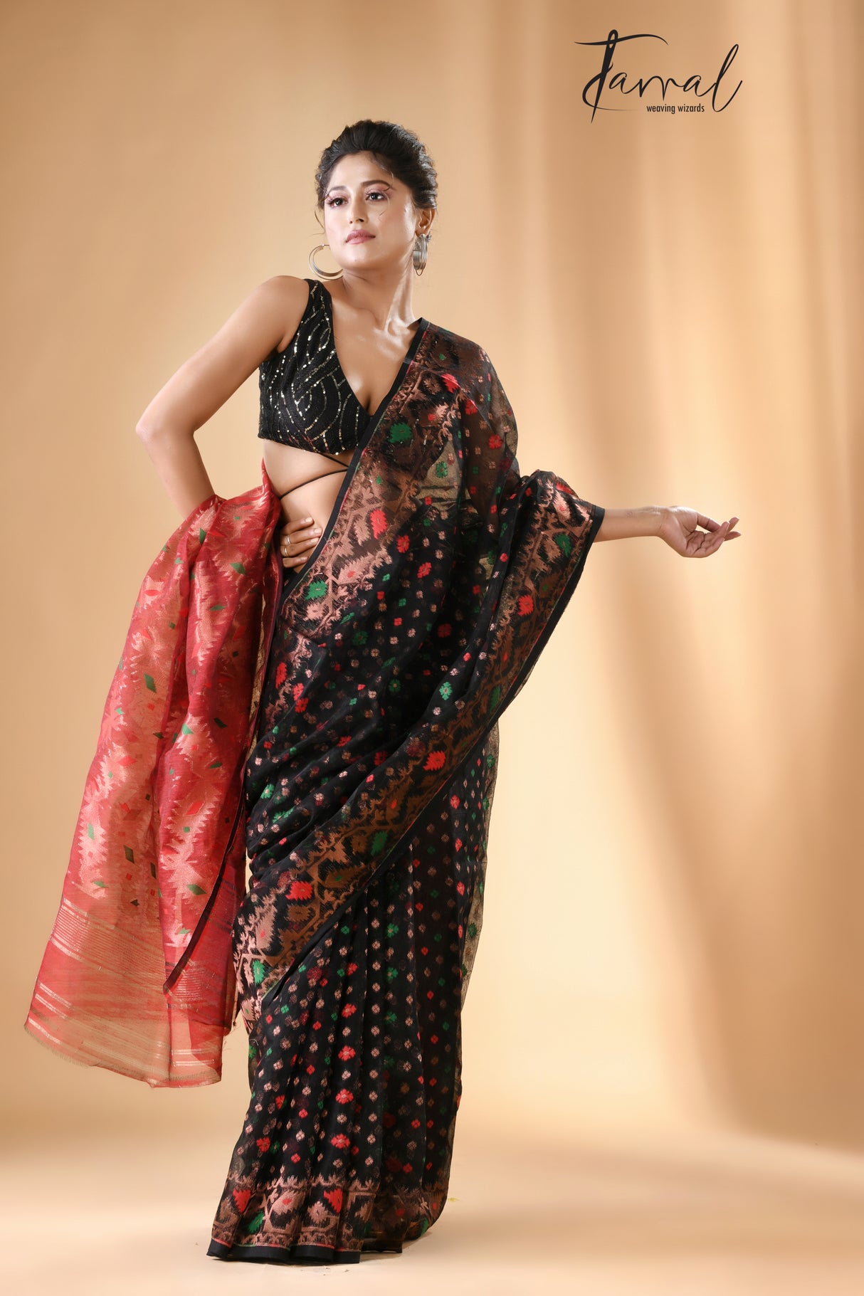 Black with multi colour & copper zari border soft dhakai handloom jamdani saree