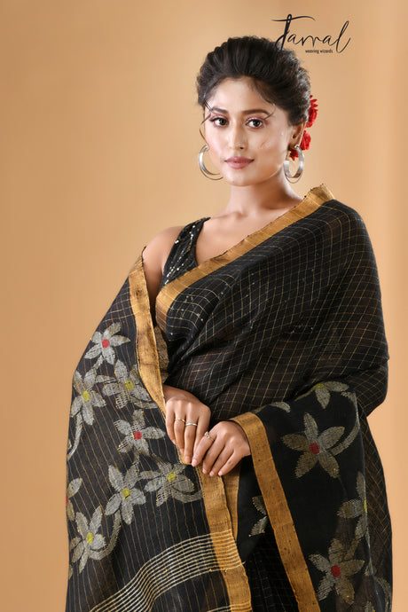 Black checks with zari border linen handloom jamdani saree