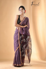 Chocolate Brown With zari border lata pallu silk linen handwoven jamdani saree