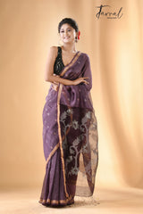 Chocolate Brown With zari border lata pallu silk linen handwoven jamdani saree - Tamal Boutique