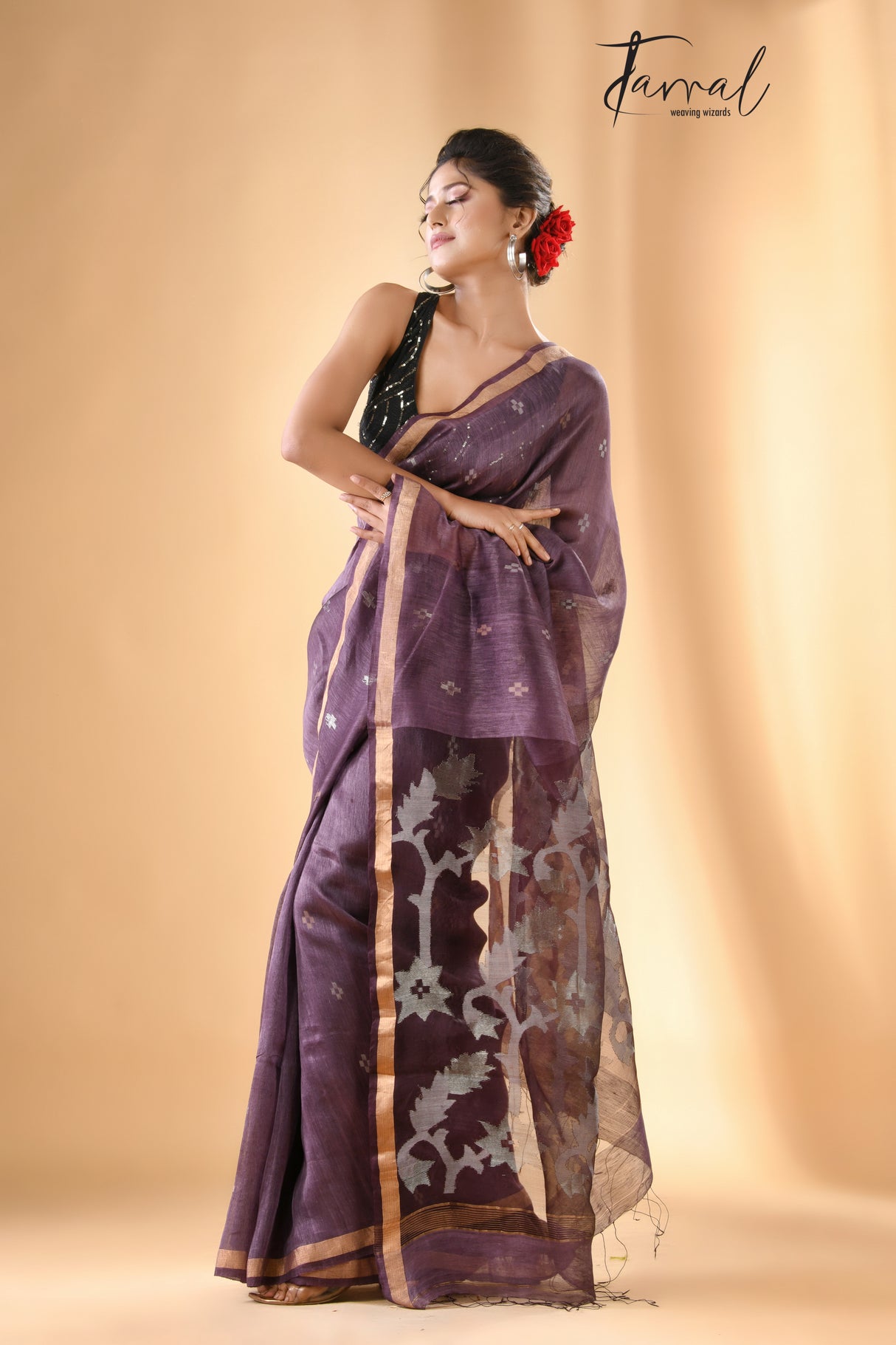 Chocolate Brown With zari border lata pallu silk linen handwoven jamdani saree