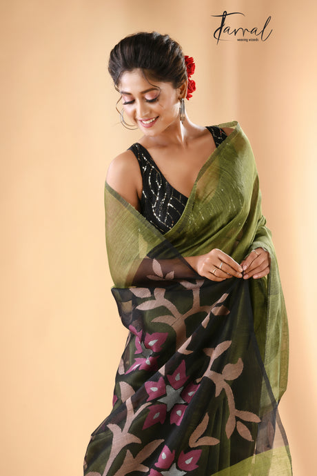 Mehendi green with handwoven floral jamdani pallu silk linen saree