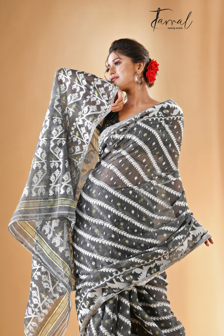 Smoke grey handloom soft dhakai jamdani saree
