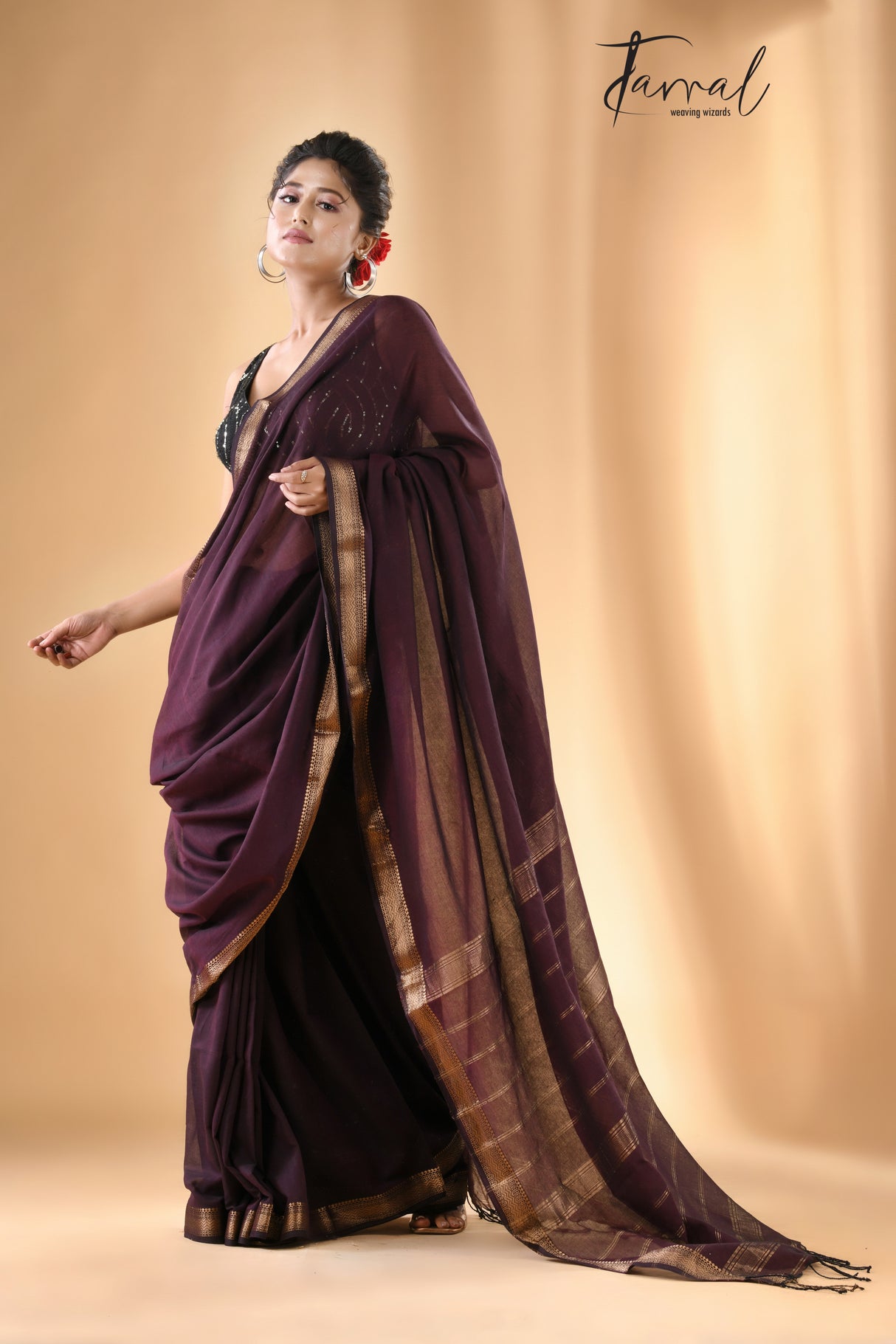 Chocolate brown mangalgiri cotton handloom saree