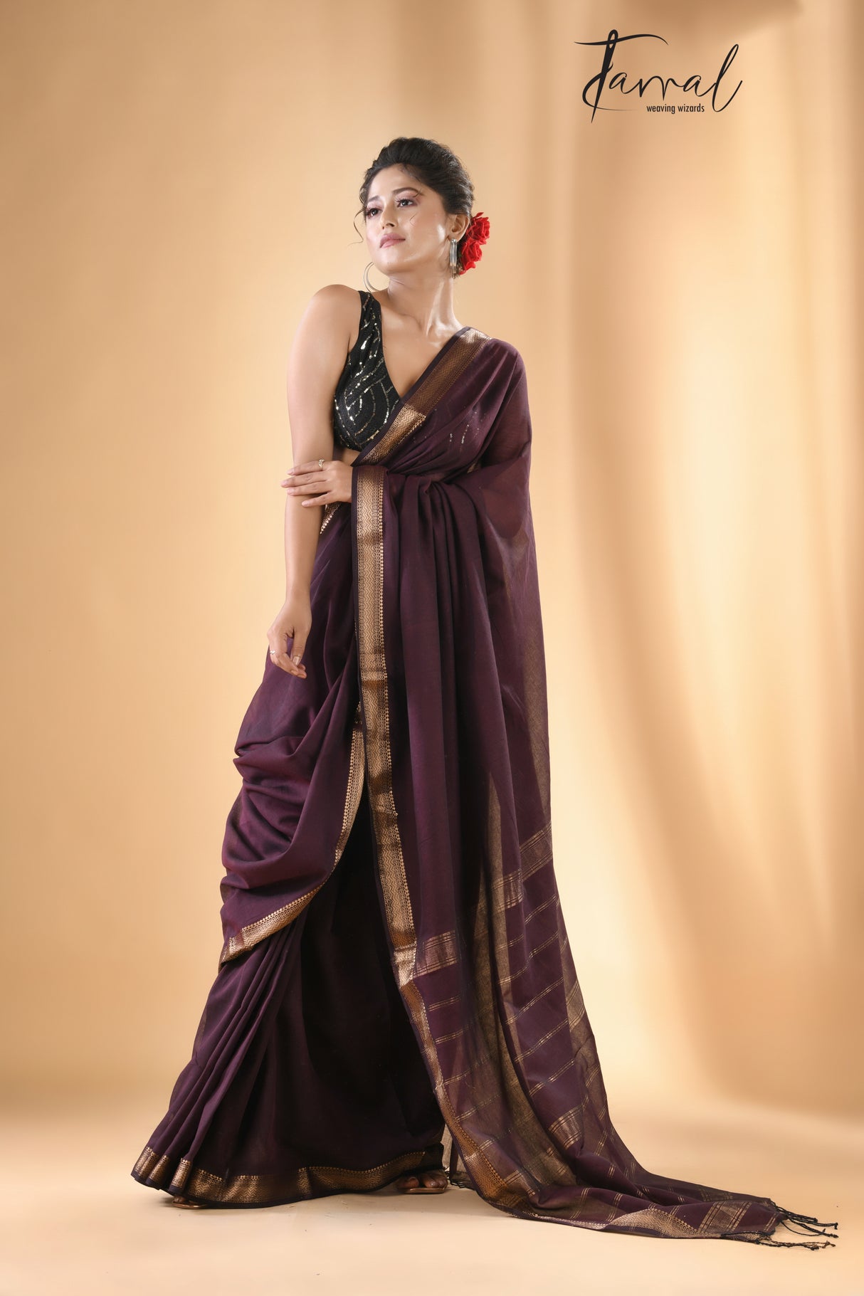 Chocolate brown mangalgiri cotton handloom saree