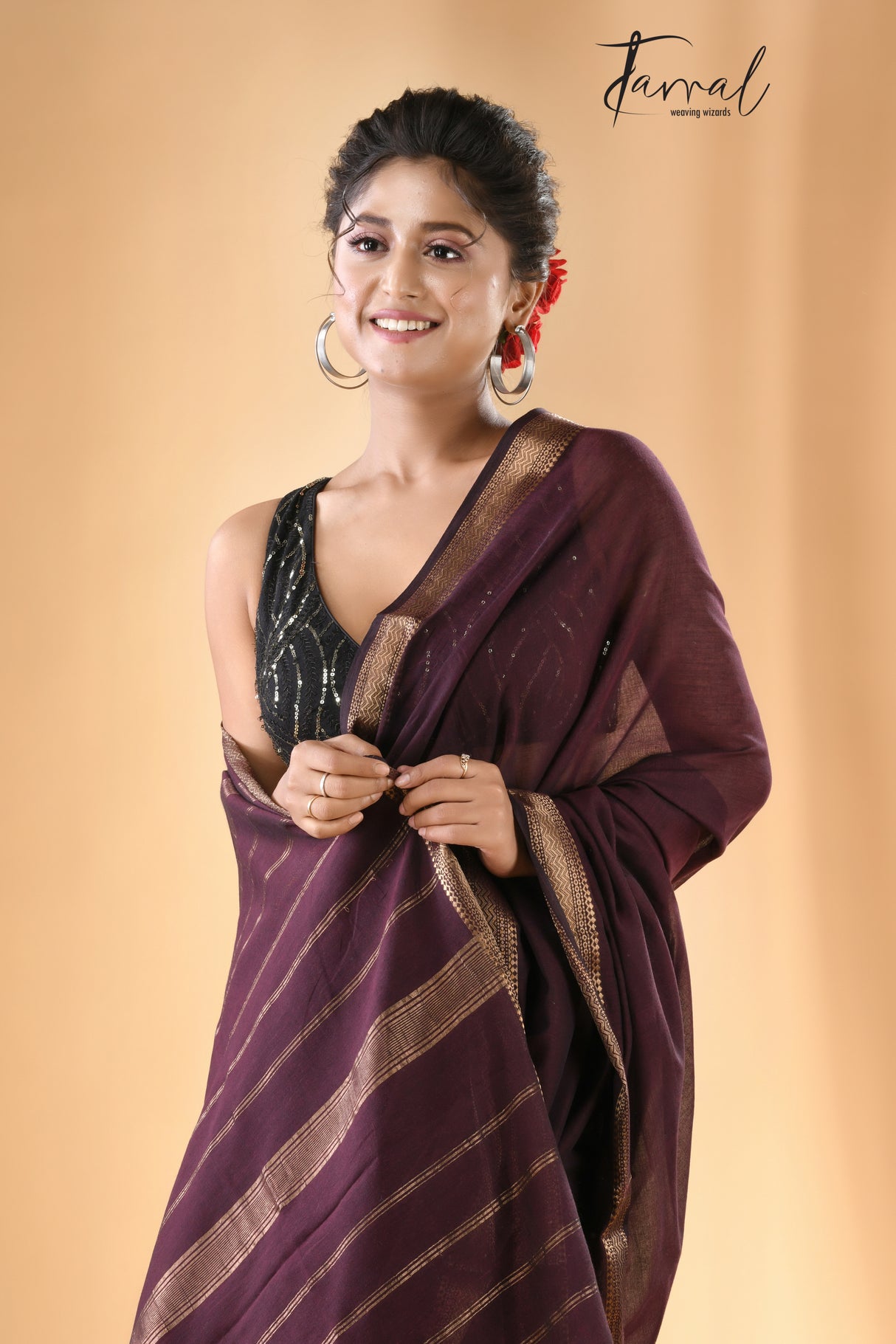 Chocolate brown mangalgiri cotton handloom saree