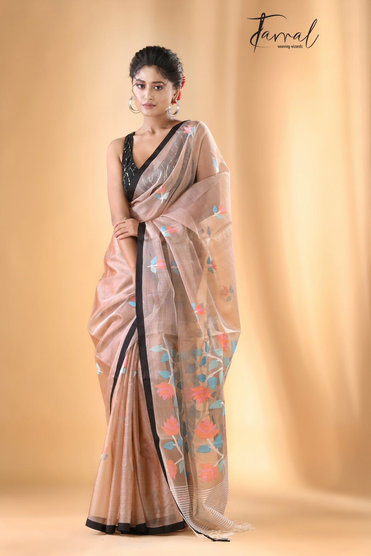 Beige colour With Black Border Muslin Silk Handwoven Jamdani Saree