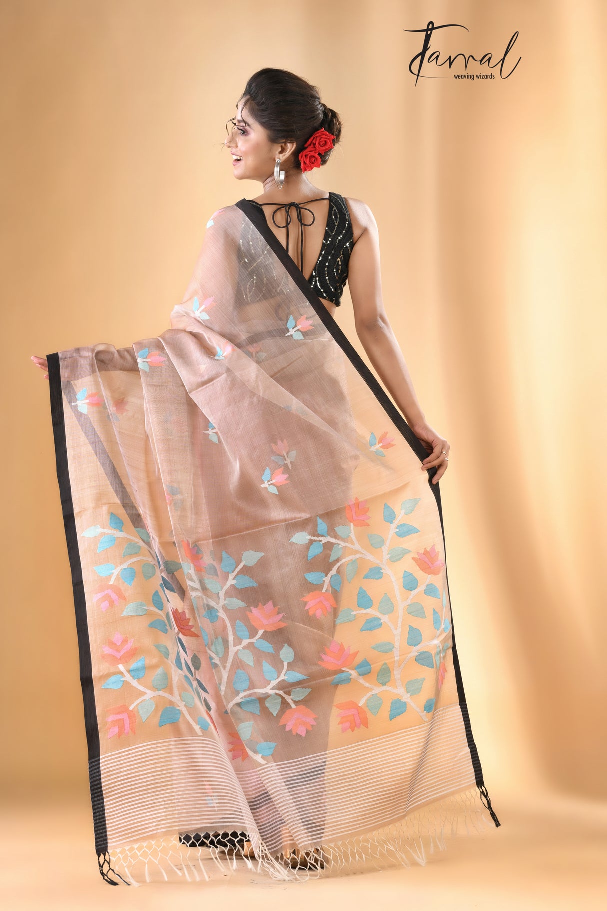 Beige colour With Black Border Muslin Silk Handwoven Jamdani Saree