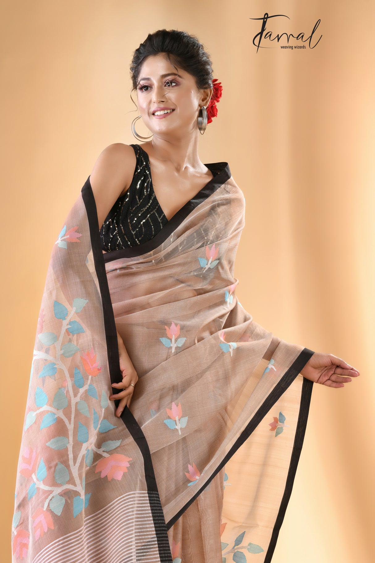 Beige colour With Black Border Muslin Silk Handwoven Jamdani Saree