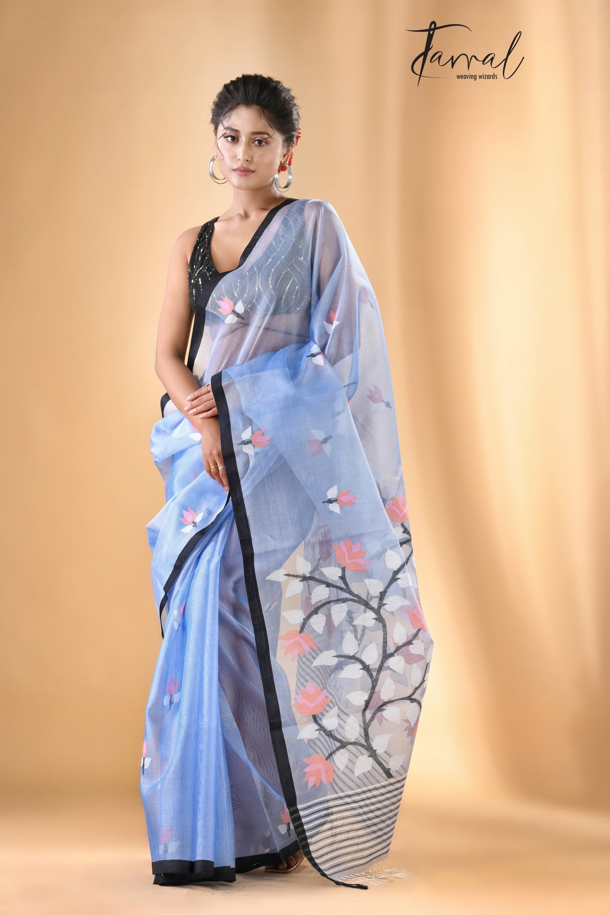 Light Sky Blue With Black Border Muslin Silk Handwoven Jamdani Saree